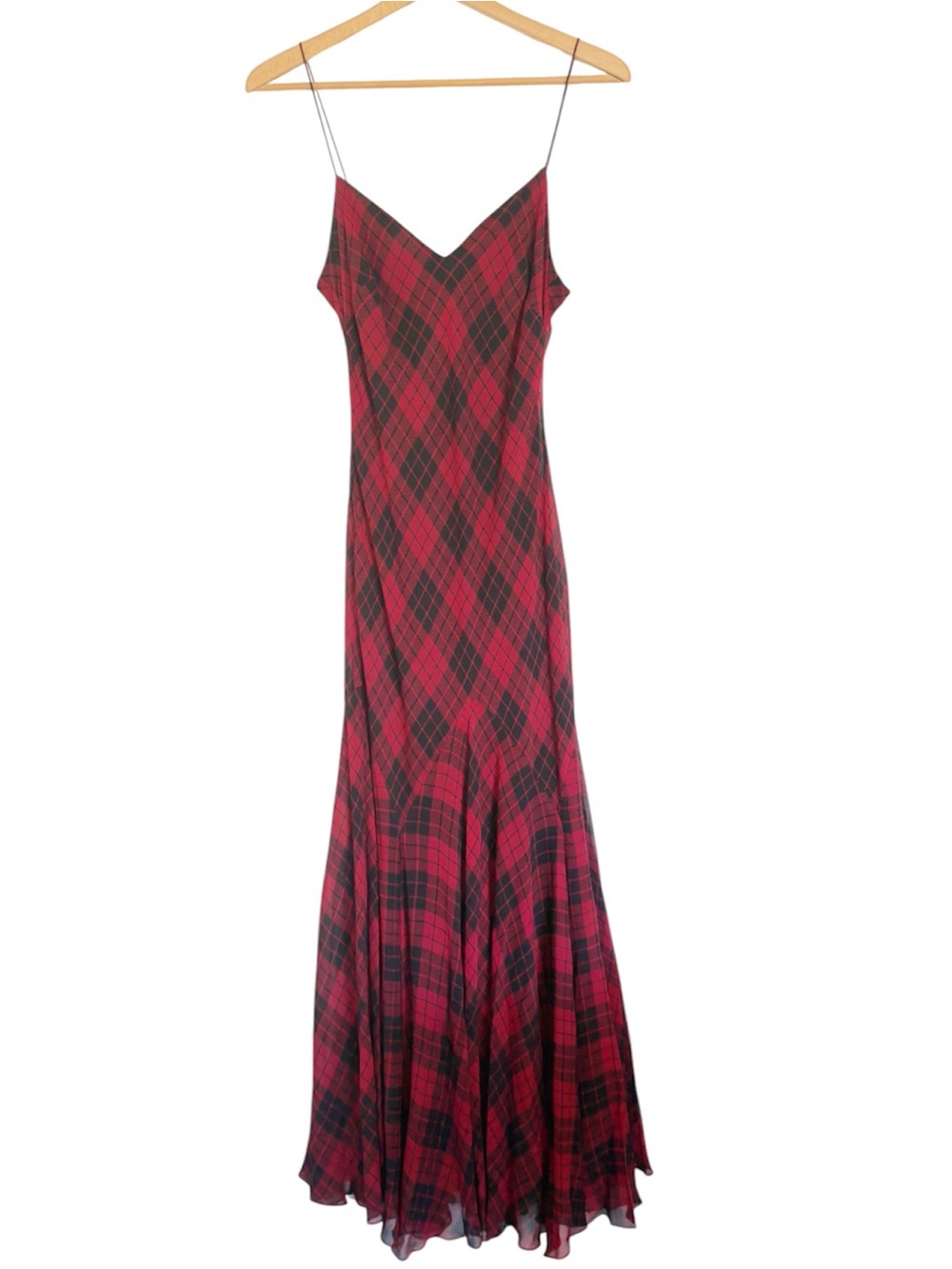 Polo Ralph Lauren Black Red Plaid/Tartan Silk Thin Strap Slip Maxi Dress size 8